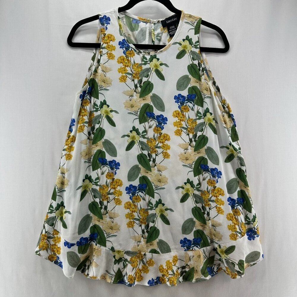 Karen Kane Ruffle Hem Tank Top Women M Round Neck Sleeveless Floral White Yellow